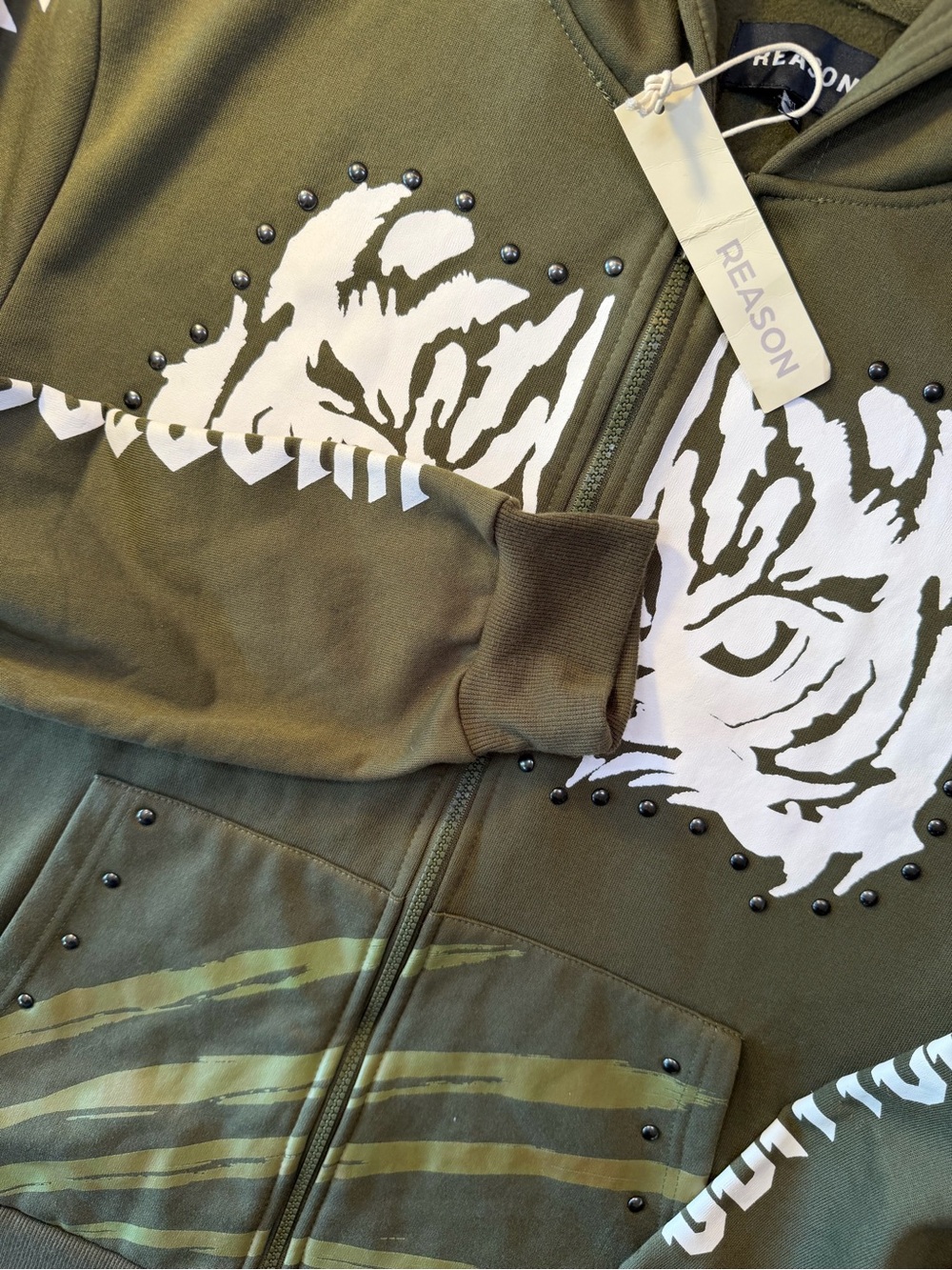 Reason Unisex XL Tiger Graphic Studded Zip Hoodie Olive Green Streetwear NWT